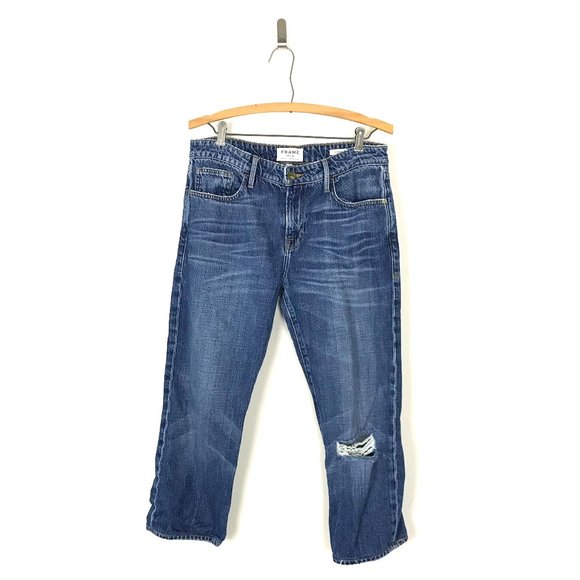 FRAME Denim Le Grand Garcon Jeans Ripped Knee Women's 26 Medium Dark Wash A9 - Picture 1 of 7